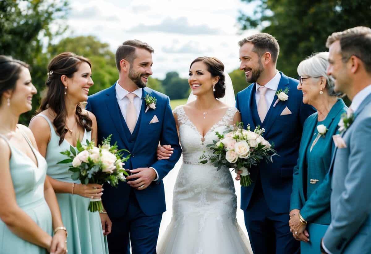The bride and groom are flanked by their closest friends and family, with the person closest to them smiling and engaged in conversation