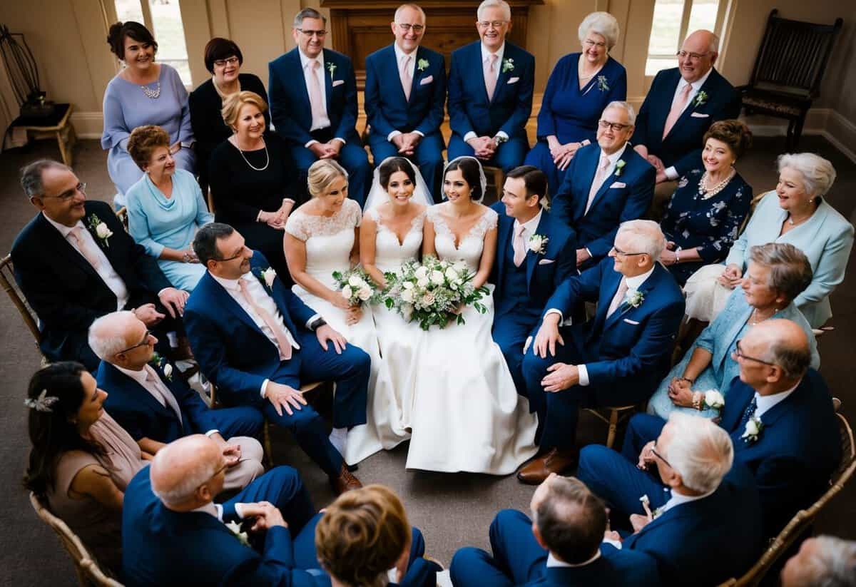 Family members encircle the bride and groom, with parents sitting closest to the couple. Siblings and other relatives are positioned further out, creating a complex web of relationships