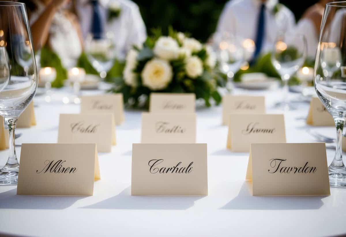 Guests' names written on elegant place cards arranged around the bride and groom's table