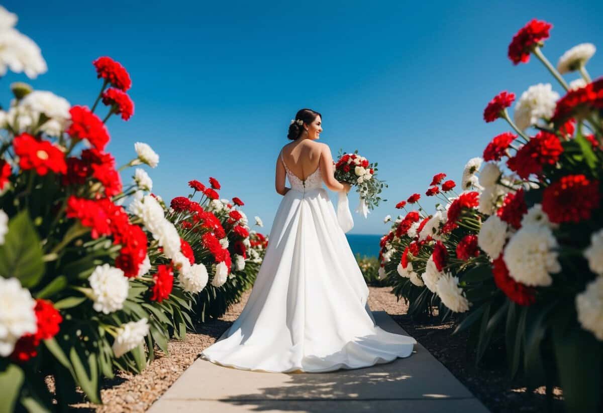 A sunny outdoor wedding setting with vibrant red and white flowers, a flowing white wedding gown, and a blue sky
