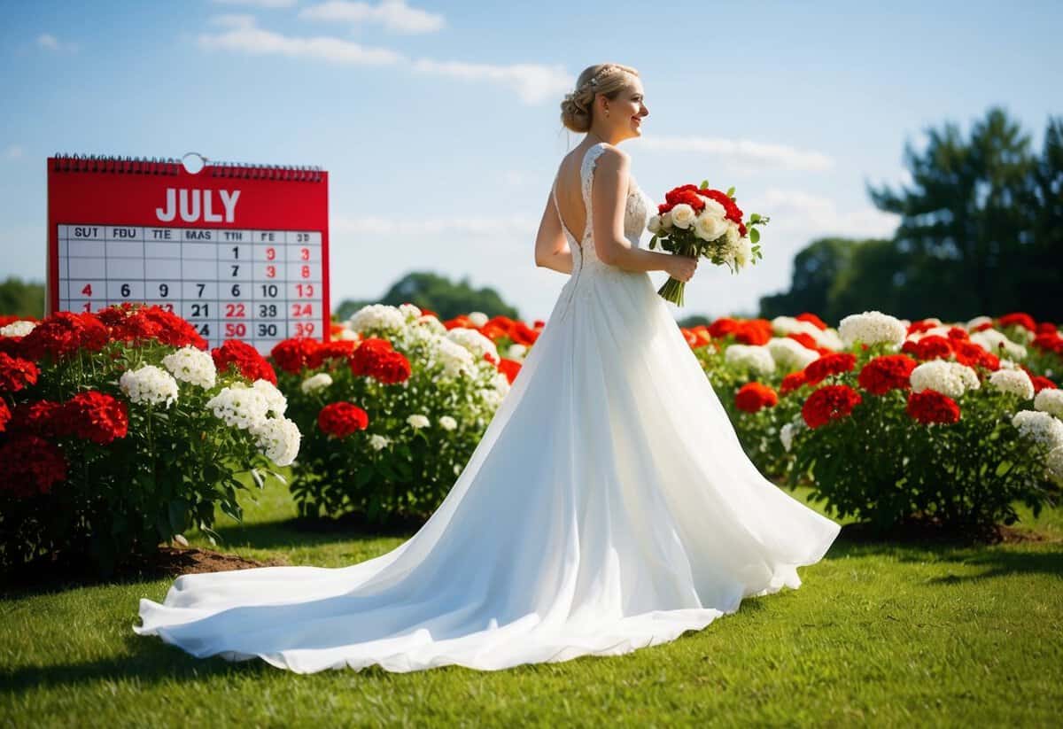 A sunny outdoor wedding with vibrant red and white flowers, a flowing white dress, and a July calendar in the background