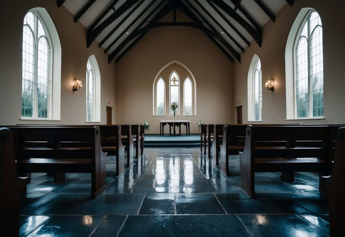An empty wedding chapel on a gloomy, rainy Monday
