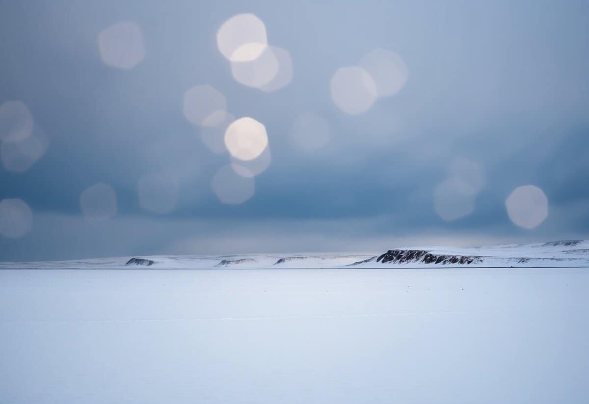 A barren, snow-covered landscape with a desolate, icy atmosphere, devoid of any signs of life or celebration
