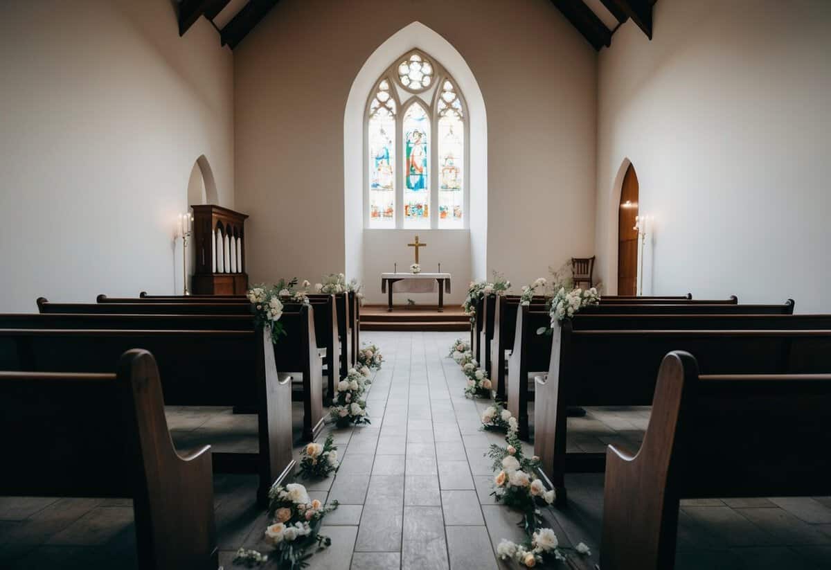 A deserted wedding chapel on April 1st, with empty pews and wilting flowers