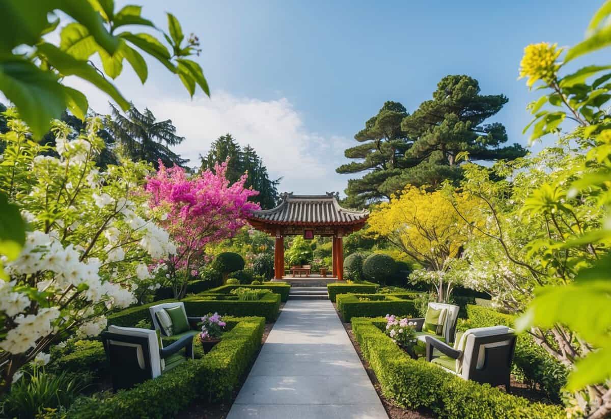 A lush garden with blooming flowers and clear skies, representing a lucky and auspicious month for a wedding
