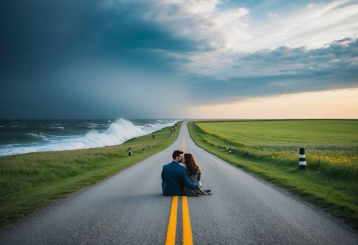 A couple sitting at a crossroads, one path leading to a stormy sea, the other to a calm meadow