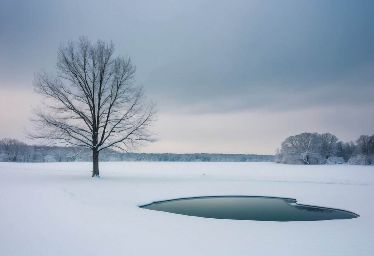 A serene, snow-covered landscape with a solitary, bare tree and a frozen pond, under a gray sky