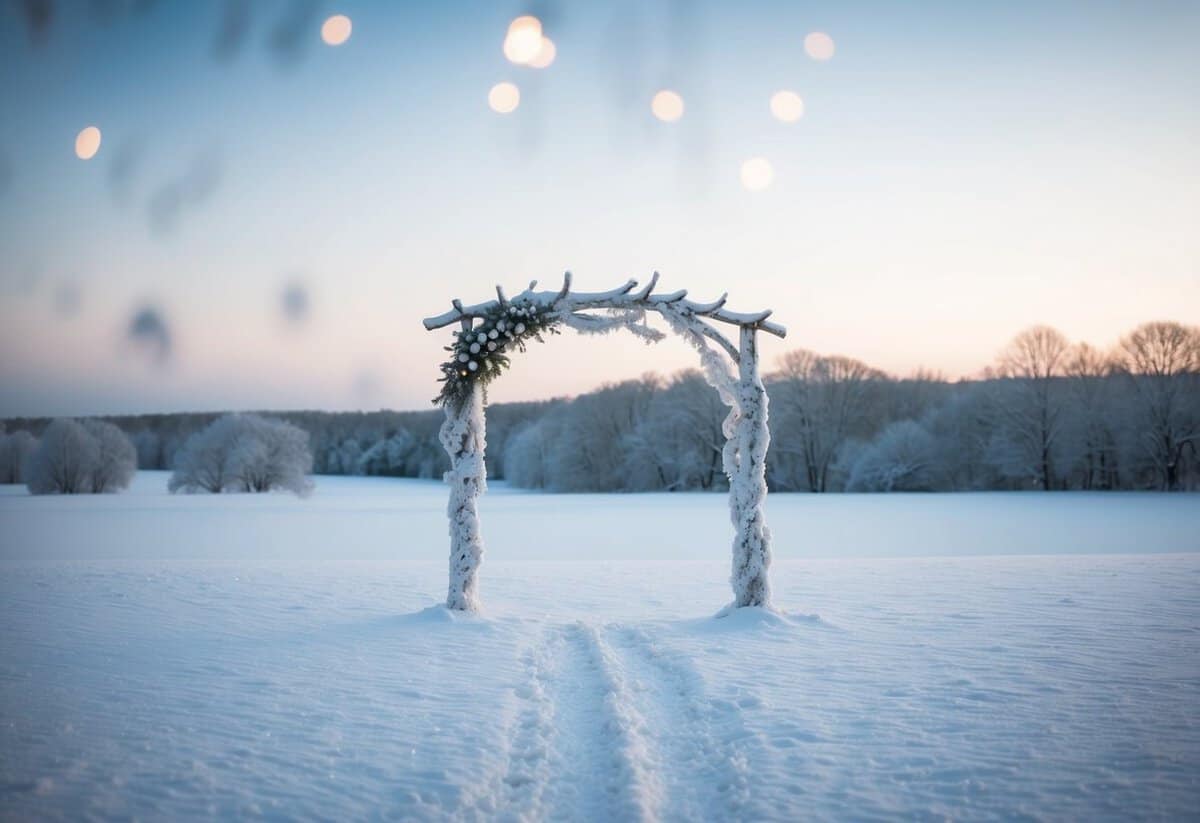 A serene, snow-covered landscape with a solitary wedding arch, adorned with frosty decorations, stands undisturbed in the quiet of a winter month