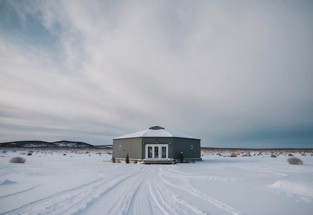 A barren wedding venue in a deserted, snow-covered landscape, with a cold, gray sky overhead
