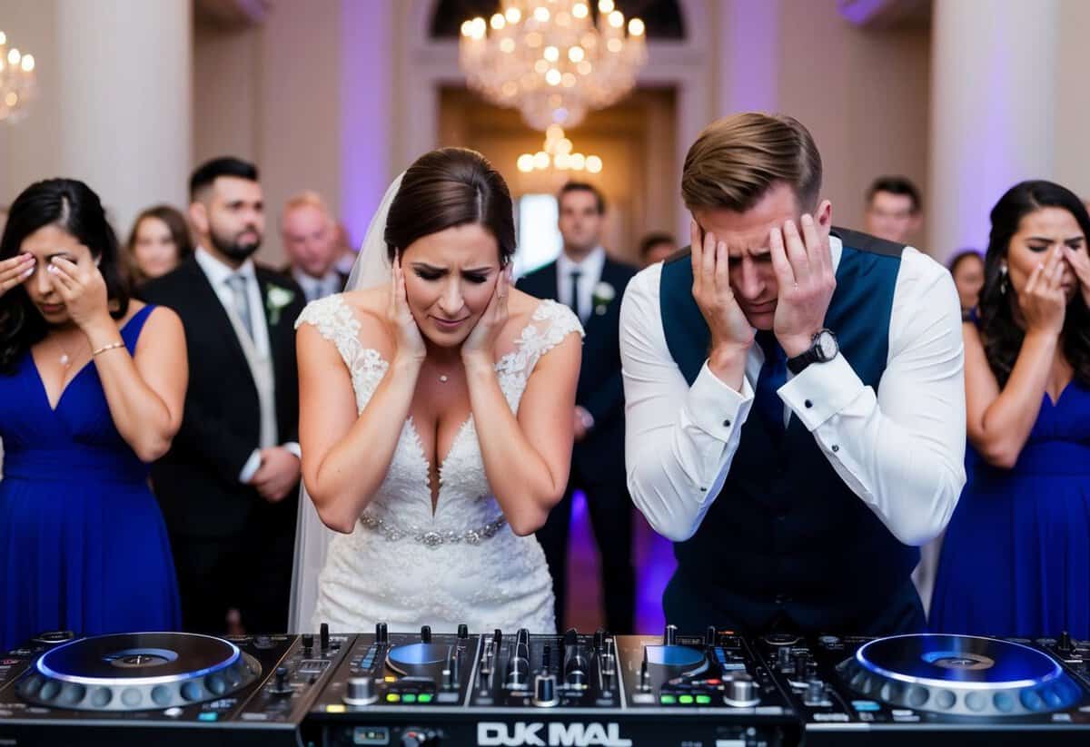 A bride and groom cringe as a DJ plays heavy metal at their elegant wedding reception, guests covering their ears in discomfort