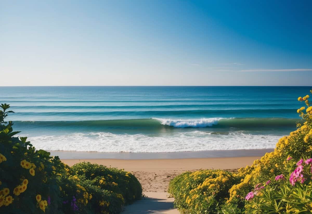 A sunny beach with a clear blue sky and gentle waves, surrounded by lush greenery and colorful flowers