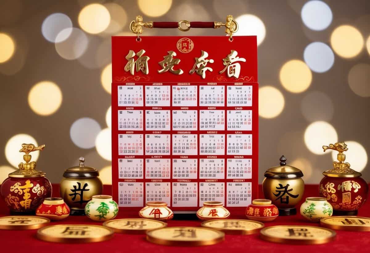A traditional Chinese wedding calendar surrounded by symbols of luck and prosperity