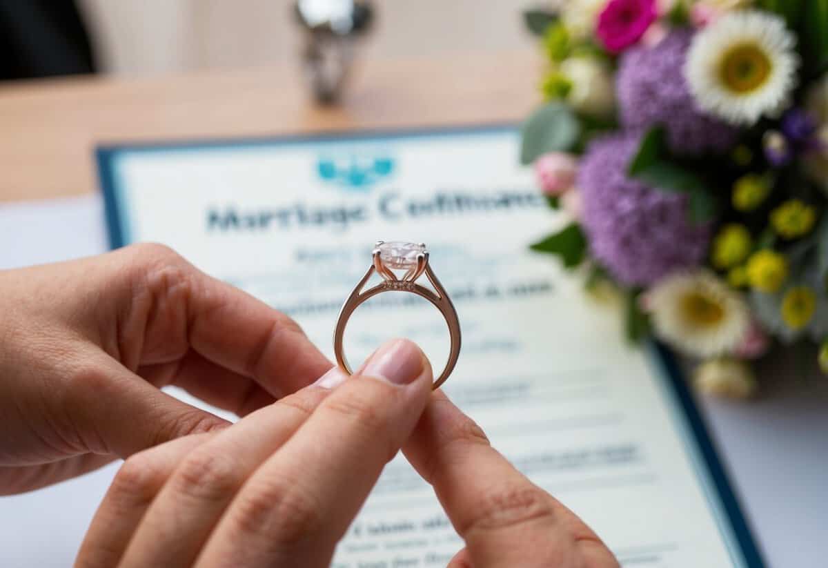 A wedding ring being placed on a finger, with a marriage certificate and a bouquet of flowers in the background