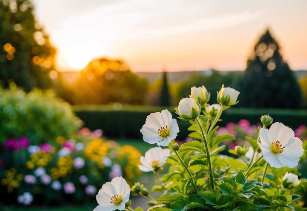 A beautiful outdoor wedding in a lush garden with blooming flowers and a warm, golden sunset in the background