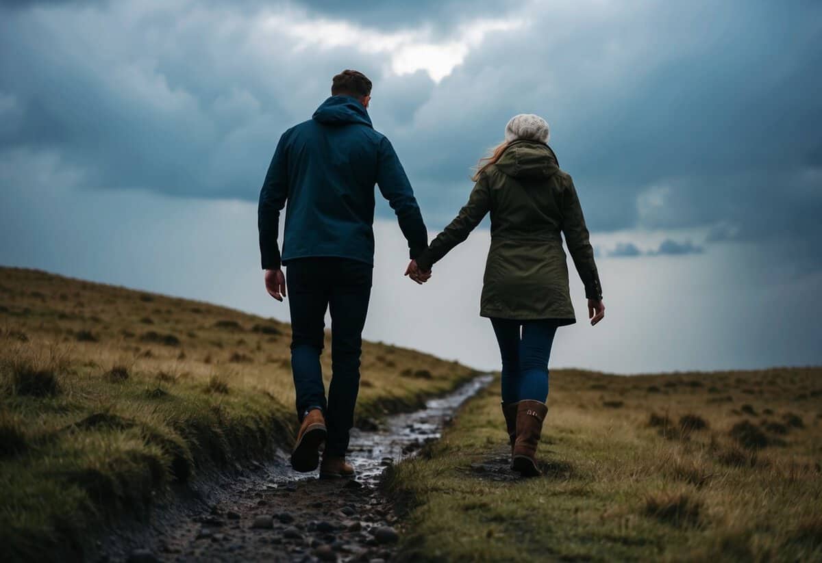 A couple walking through a storm, holding onto each other as they navigate the rough terrain