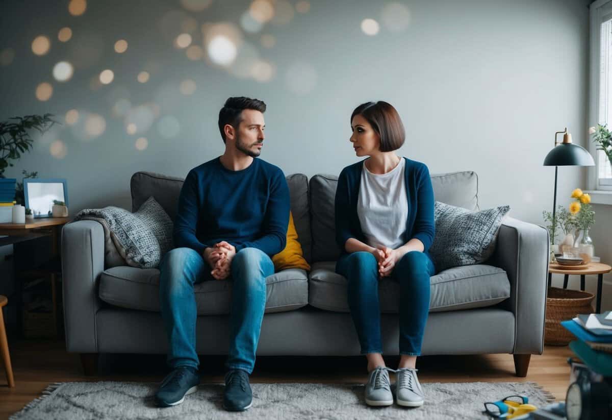 A couple sitting on opposite ends of a couch, avoiding eye contact, surrounded by clutter and tension in their home