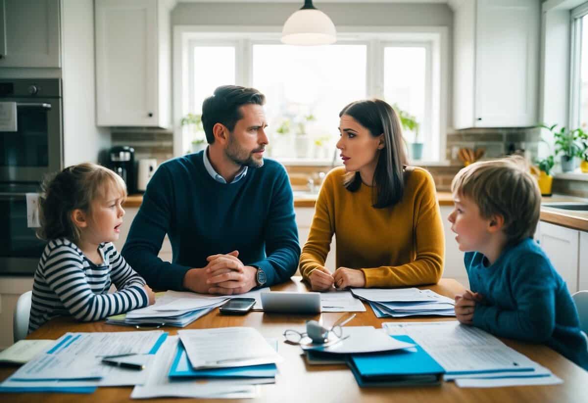 A couple sitting at a kitchen table, surrounded by bills, work schedules, and crying children. The tension is palpable as they try to communicate