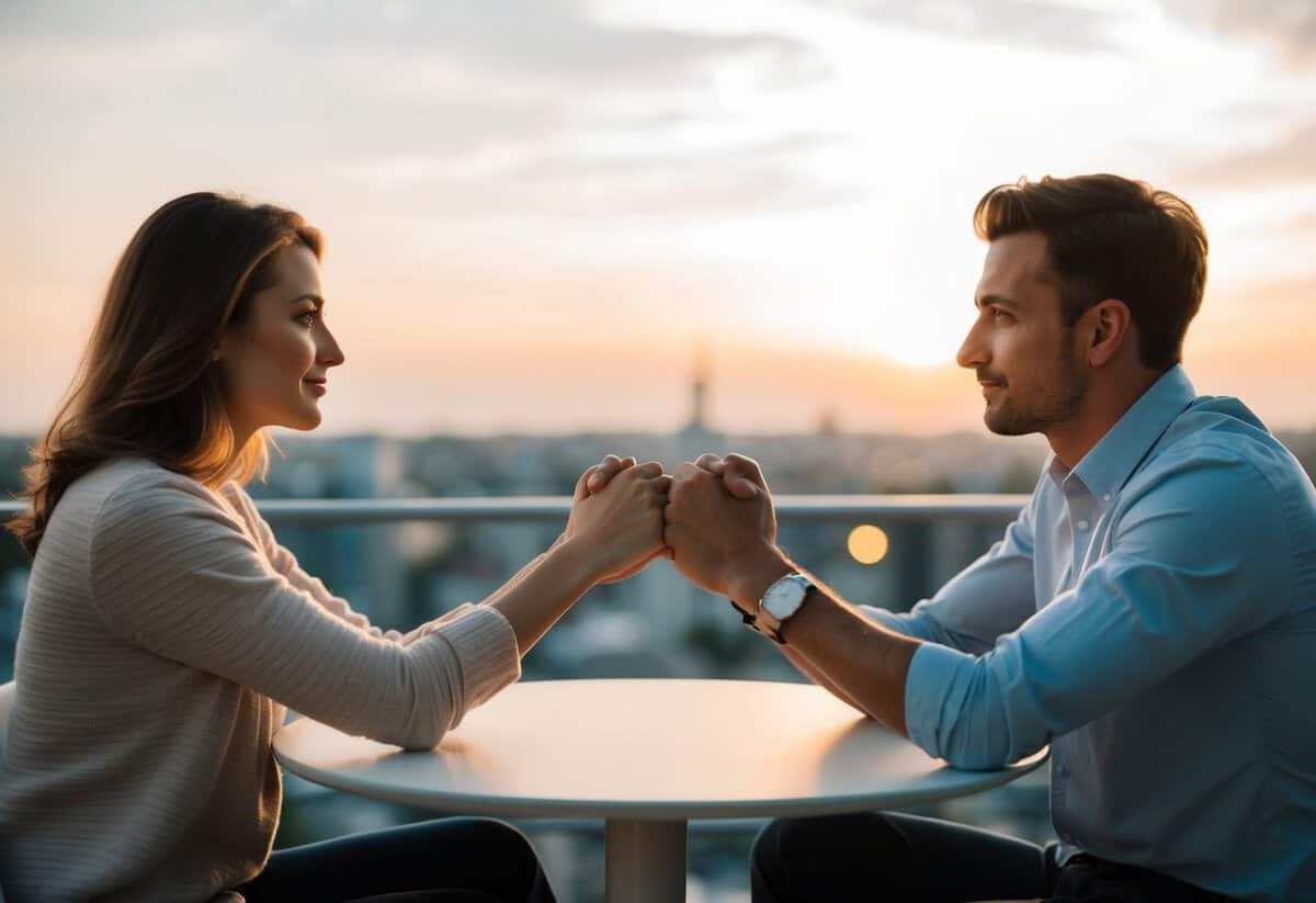 A couple sitting across from each other, holding hands, with a look of understanding and determination in their eyes