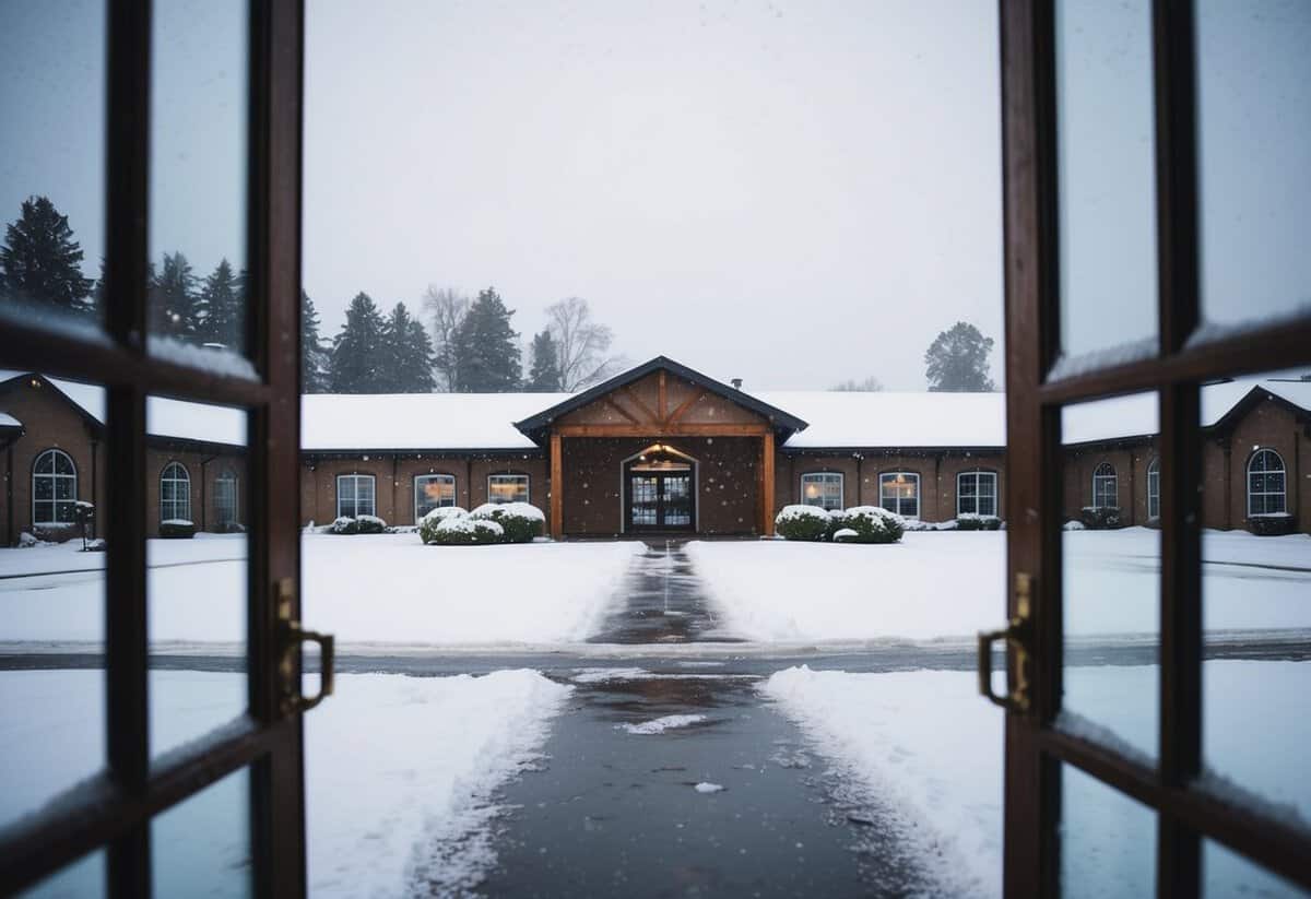 A deserted wedding venue in February, with snow falling outside