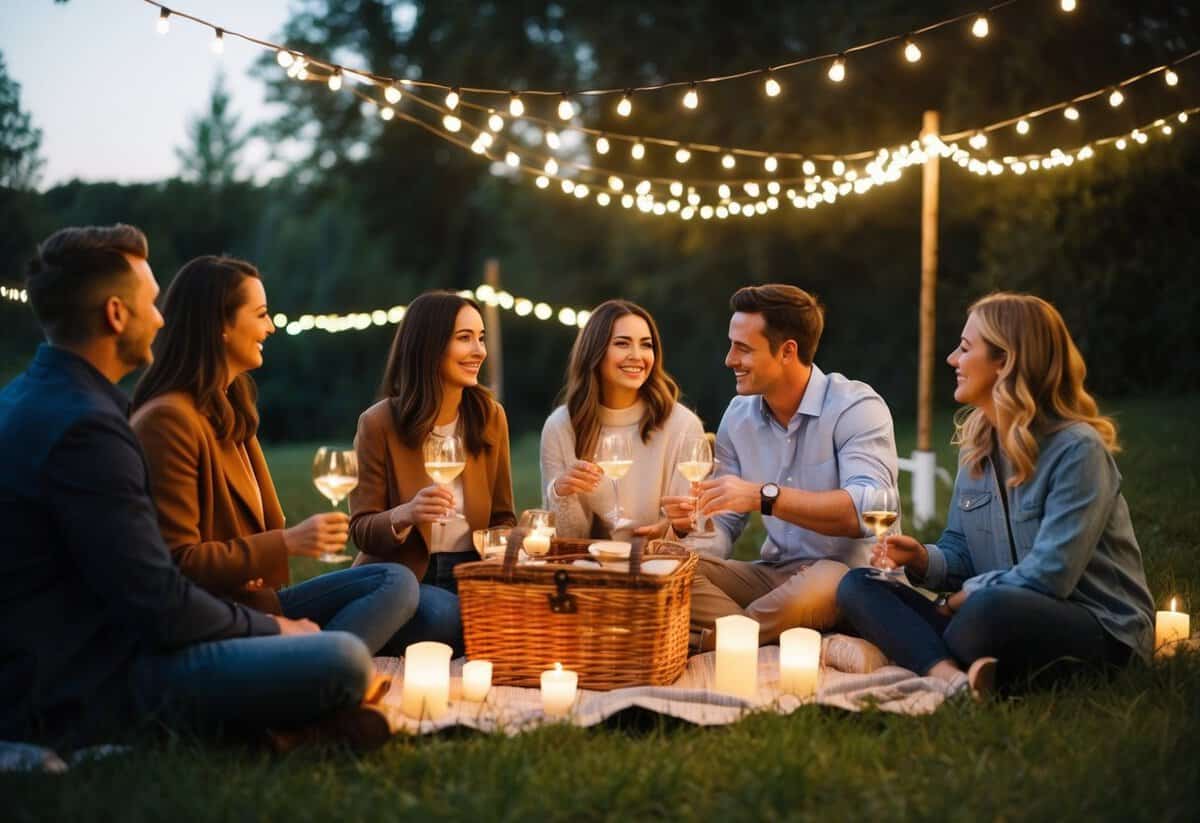 A couple enjoying an intimate outdoor picnic surrounded by fairy lights and candles, with a small group of close friends and family