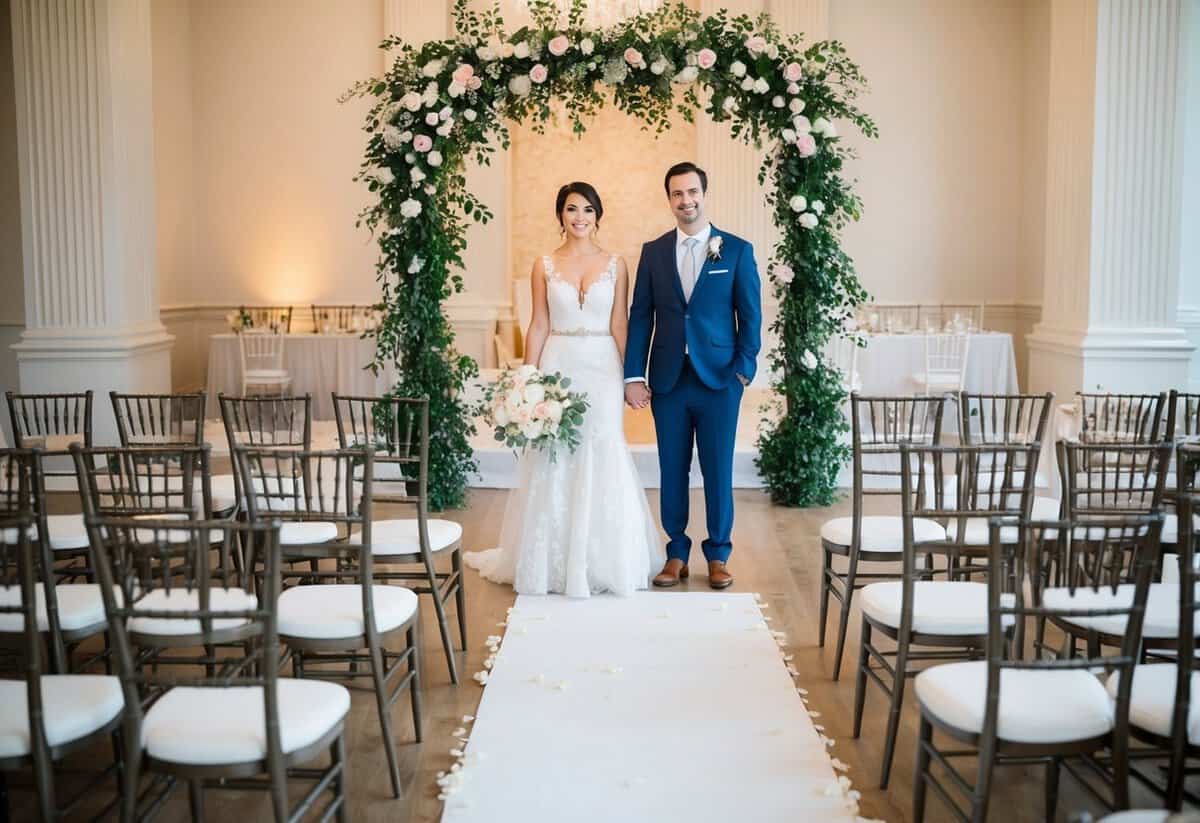 A bride and groom stand alone in a beautifully decorated ceremony space, surrounded by empty chairs and untouched reception tables