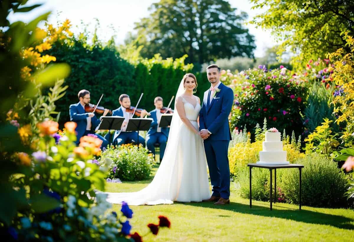 A bride and groom stand alone in a sunlit garden, surrounded by colorful flowers and greenery. A small table holds a simple wedding cake, while a string quartet plays in the background