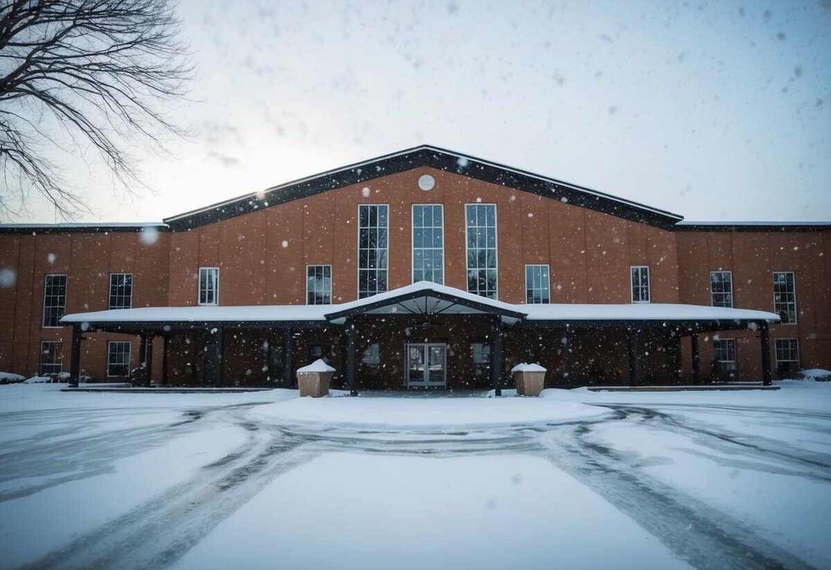 A deserted wedding venue in February, with snow falling outside