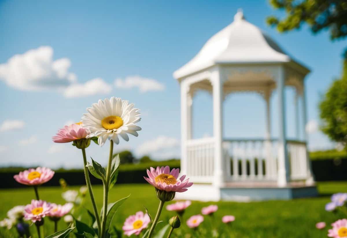 A sunny outdoor wedding in June with blooming flowers and a white gazebo