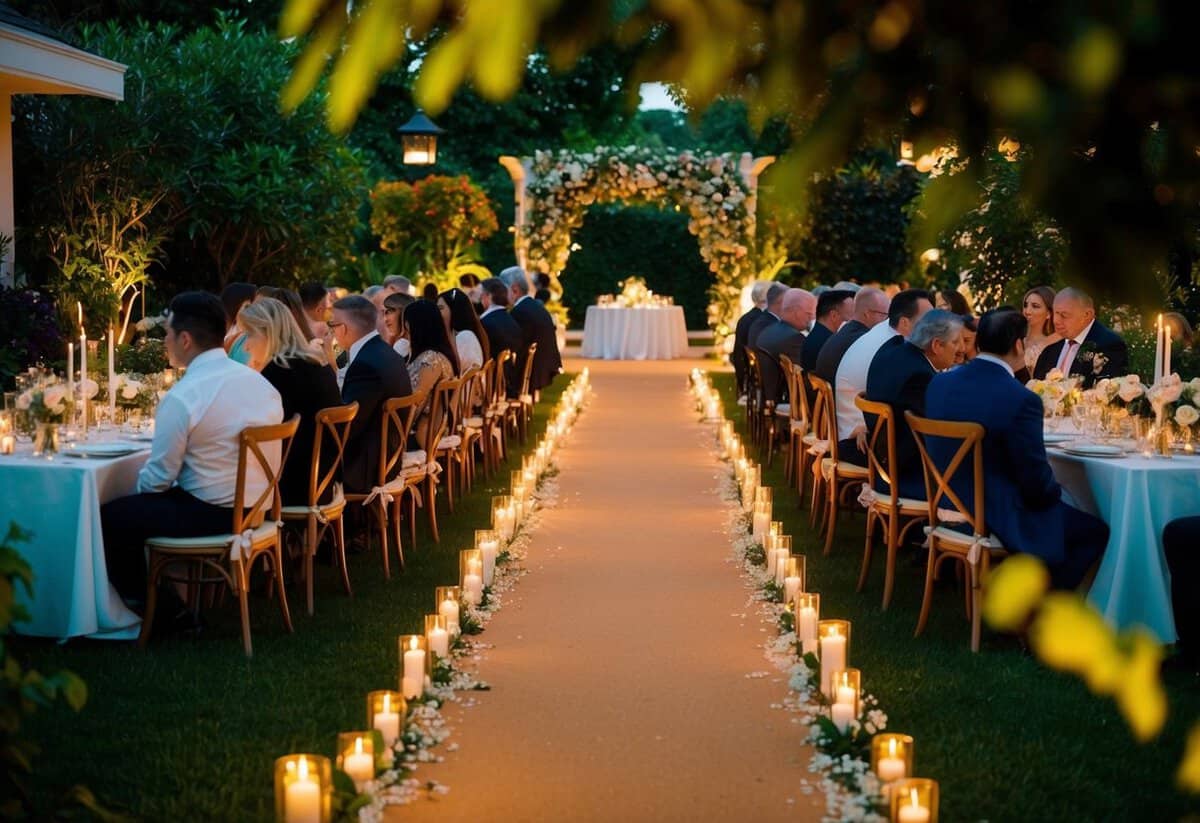 A warm, candlelit path leads guests through a lush garden to an elegant outdoor dining area, where tables are adorned with delicate flowers and soft lighting creates a magical atmosphere