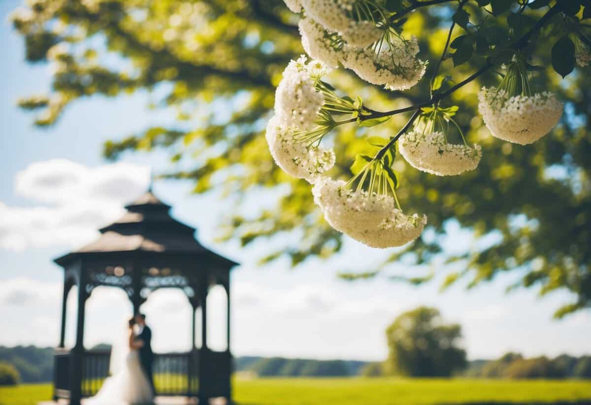 A sunny outdoor wedding in June, with blooming flowers and a romantic gazebo