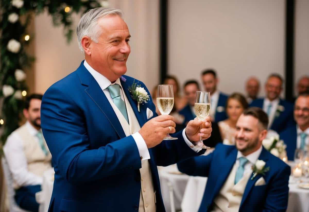 The father of the groom gives a heartfelt speech at the wedding reception, raising a glass to toast the newlyweds