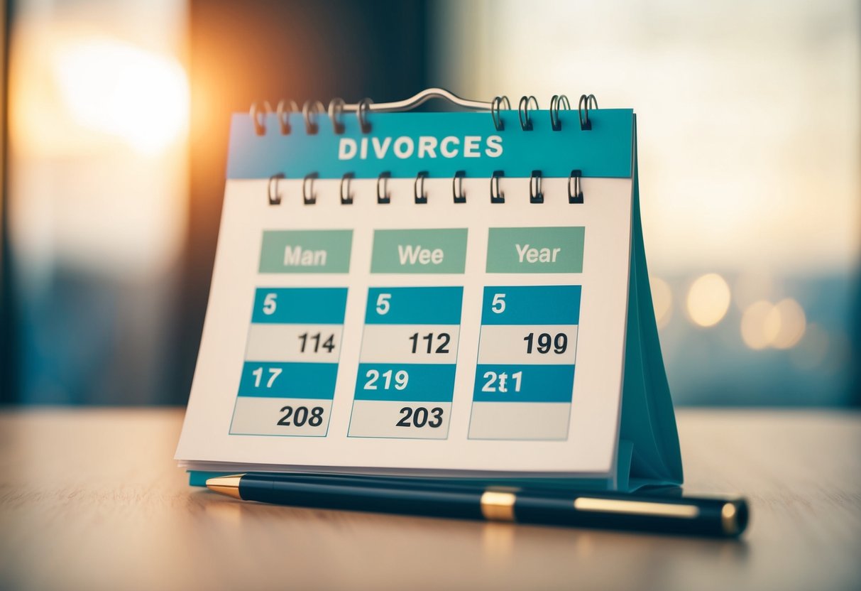 A calendar with highlighted dates from the past decade, showing an increase in divorces each year