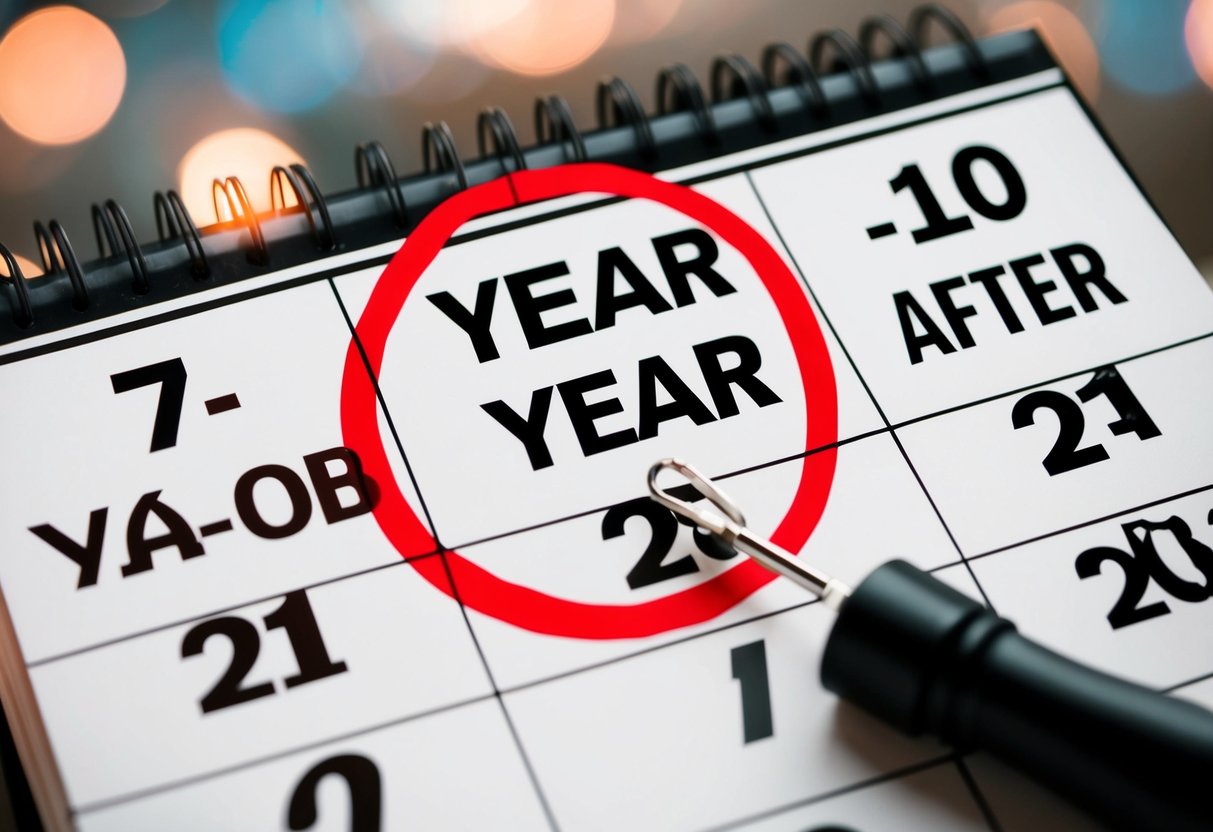 A calendar with a red circle around the year 7-10 years after the wedding date
