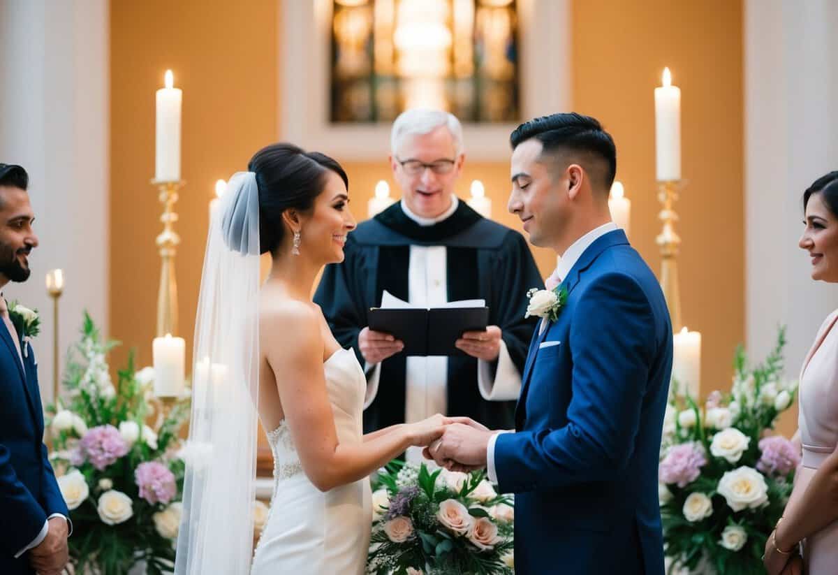 A bride and groom exchange vows at the altar, surrounded by flowers and candles, with a minister officiating