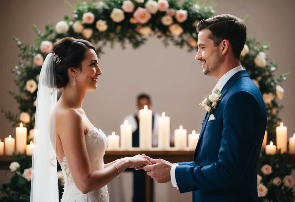 A bride and groom stand facing each other, surrounded by flowers and candles, exchanging heartfelt vows