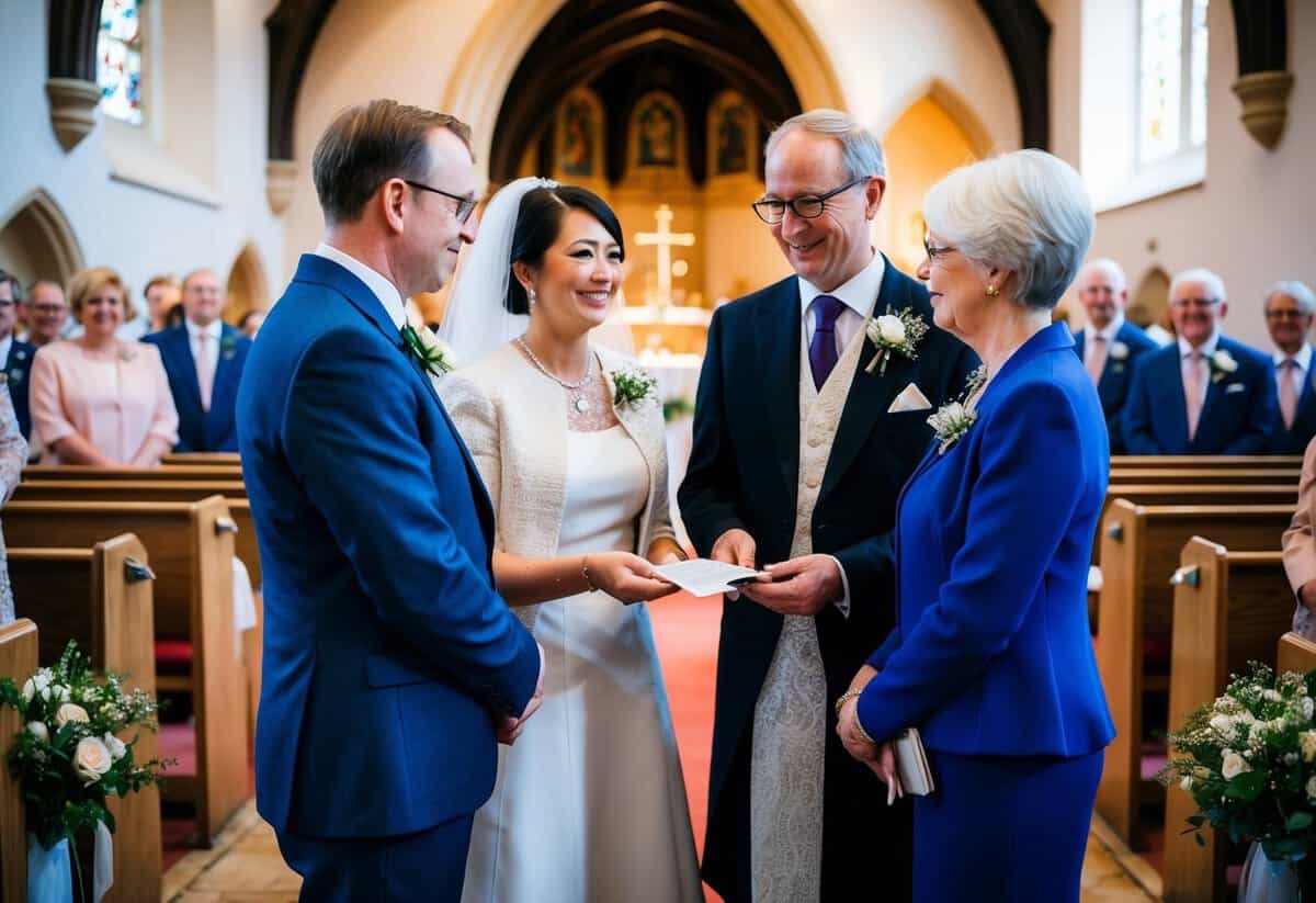 A wedding ceremony in a traditional UK church, with parents standing as witnesses beside the couple exchanging vows