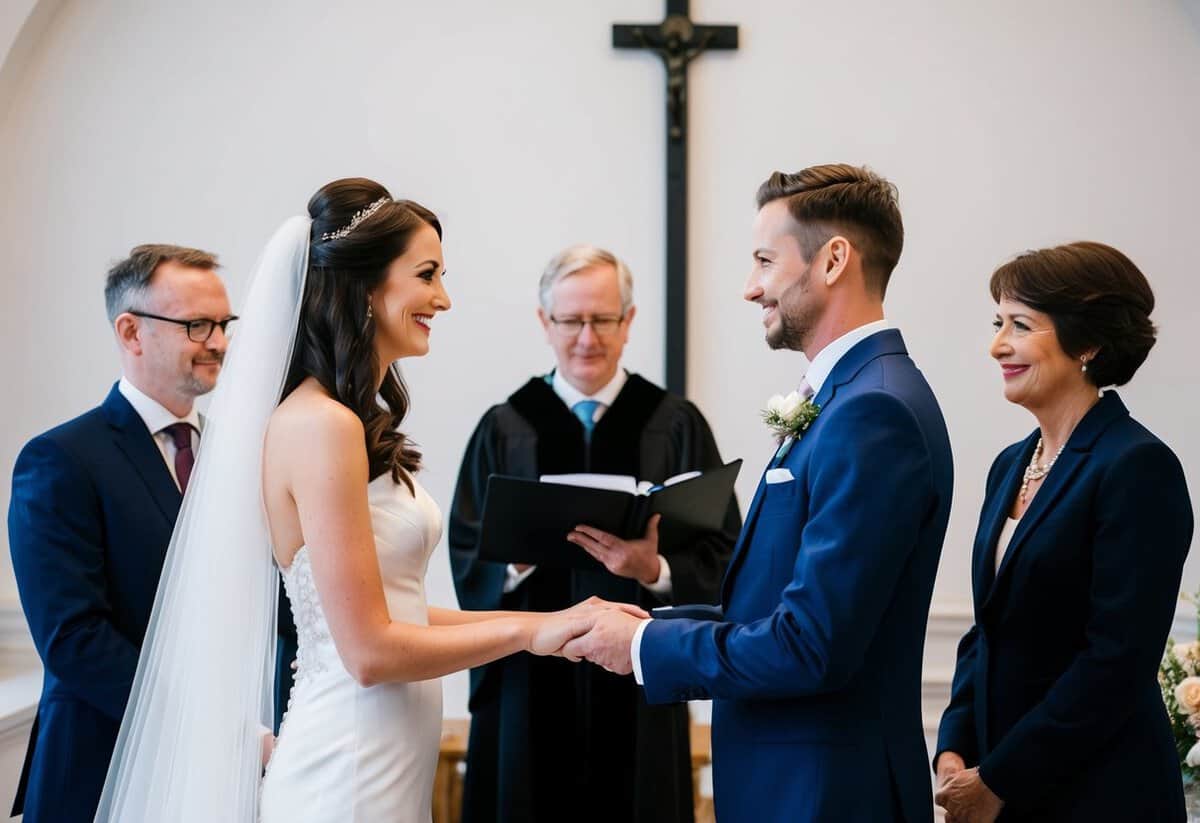 A bride and groom exchange vows in front of a registrar, with two witnesses standing nearby. The setting is a simple, elegant wedding ceremony in the UK