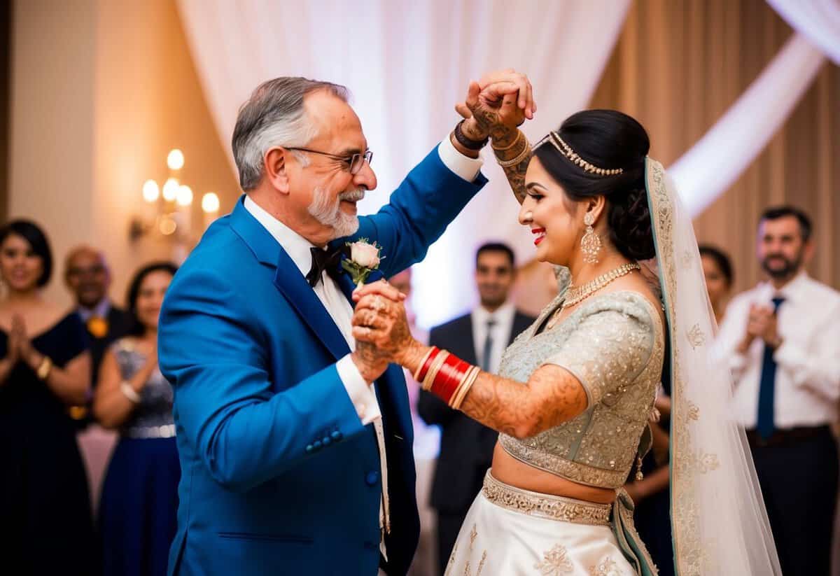The groom's father and the bride dance together, blending traditional and modern elements