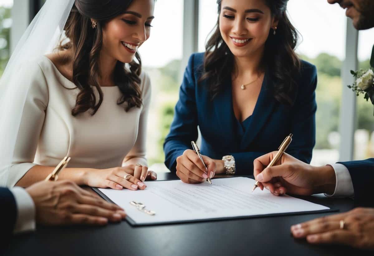 A wedding scene with two witnesses signing a document at a table