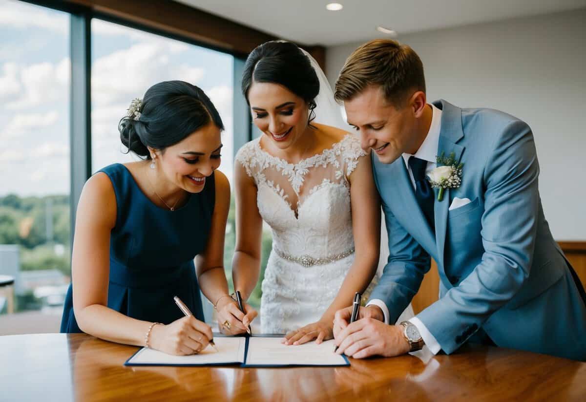 A bride and groom signing a marriage certificate with two witnesses standing beside them
