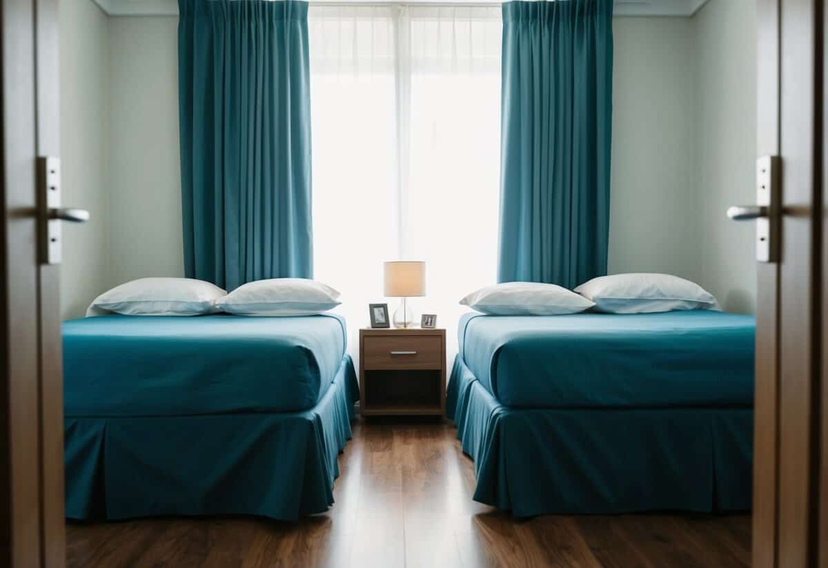 A couple's separate beds with a dividing curtain between them