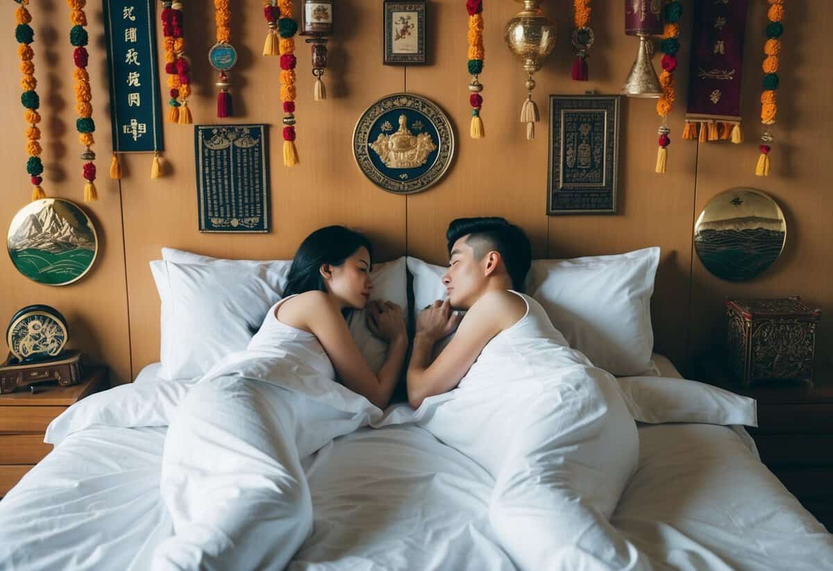 A couple lies in separate beds, surrounded by cultural and historical symbols of tradition and anticipation