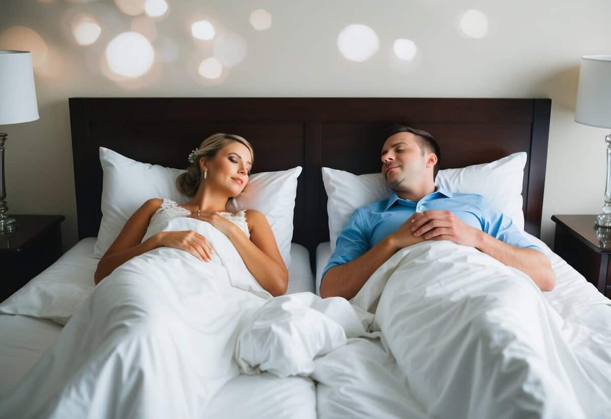 A couple lying in separate beds, tossing and turning, unable to sleep the night before their wedding