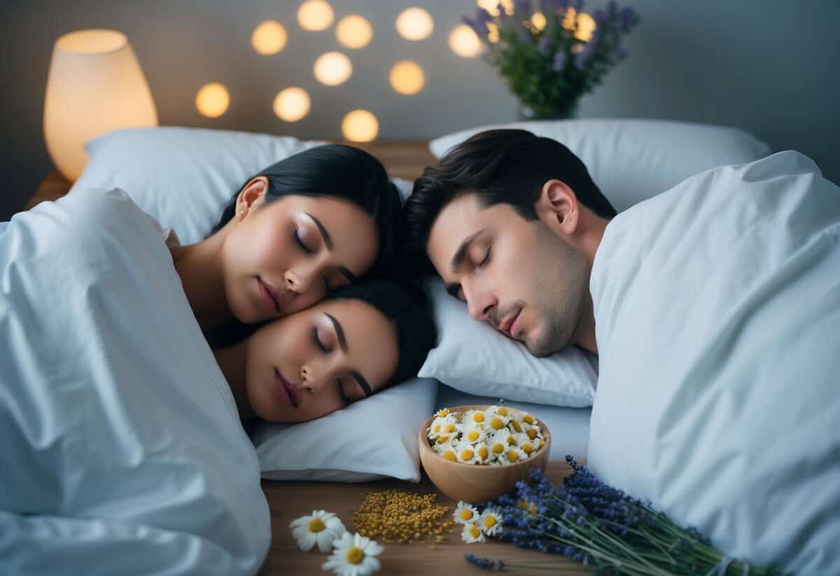 A couple sleeping in separate beds, surrounded by calming elements like lavender, chamomile, and soft lighting