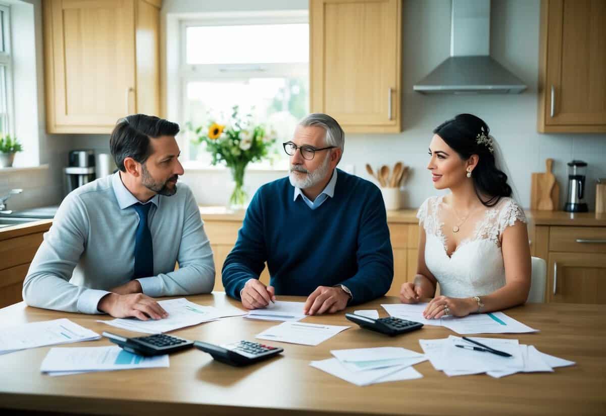 A father and mother sit at a kitchen table, discussing wedding finances with their son and his fiancé. Papers and calculators are scattered across the table