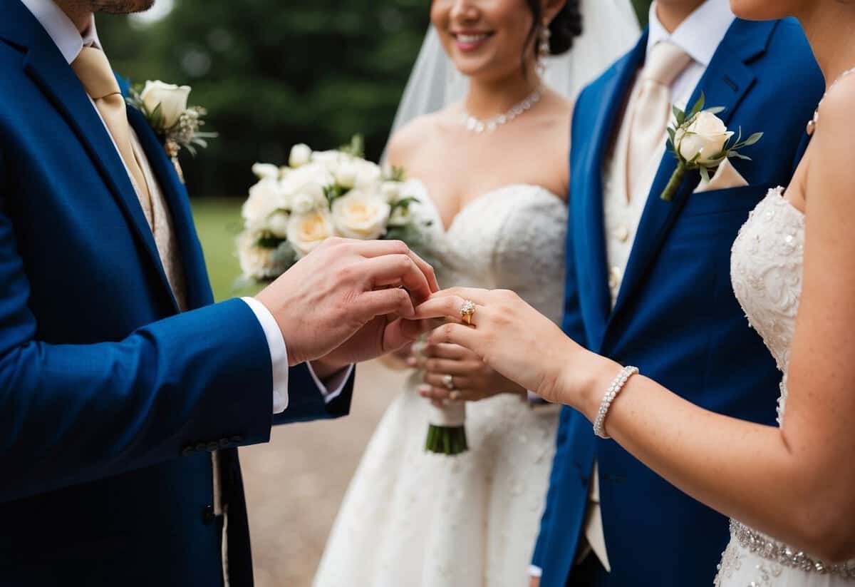 A groom's hand placing a gold wedding band on a bride's finger, both dressed in traditional wedding attire