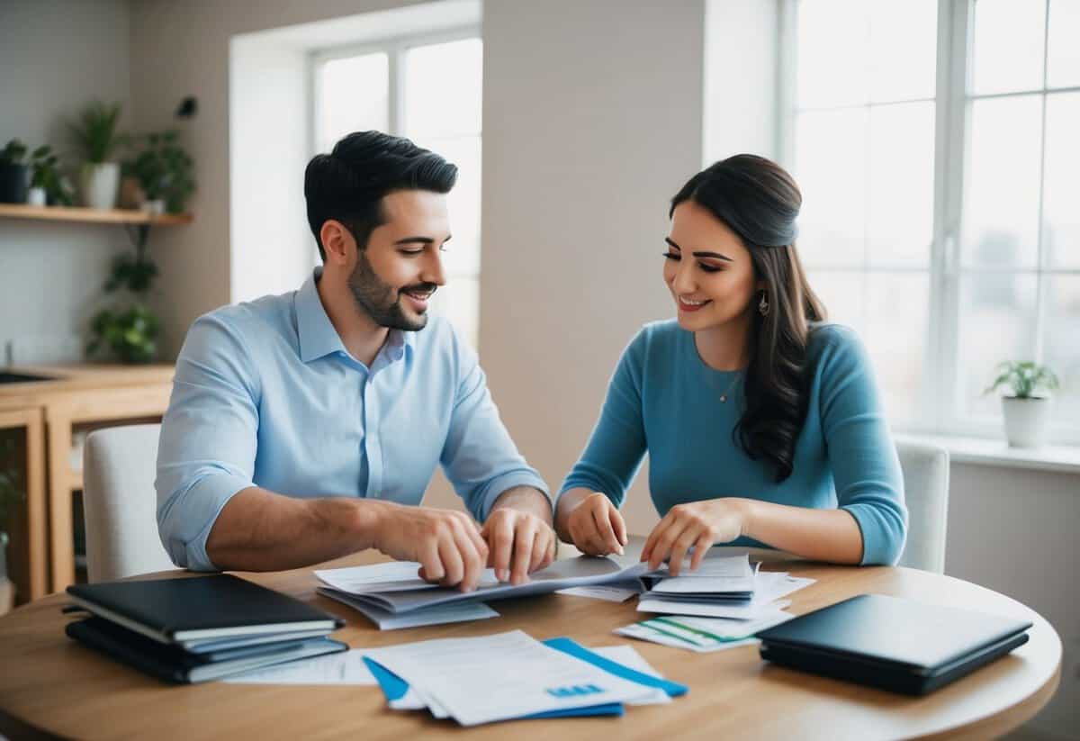 A newlywed couple sits at a table, dividing bills and expenses. The husband and wife discuss and organize their finances together