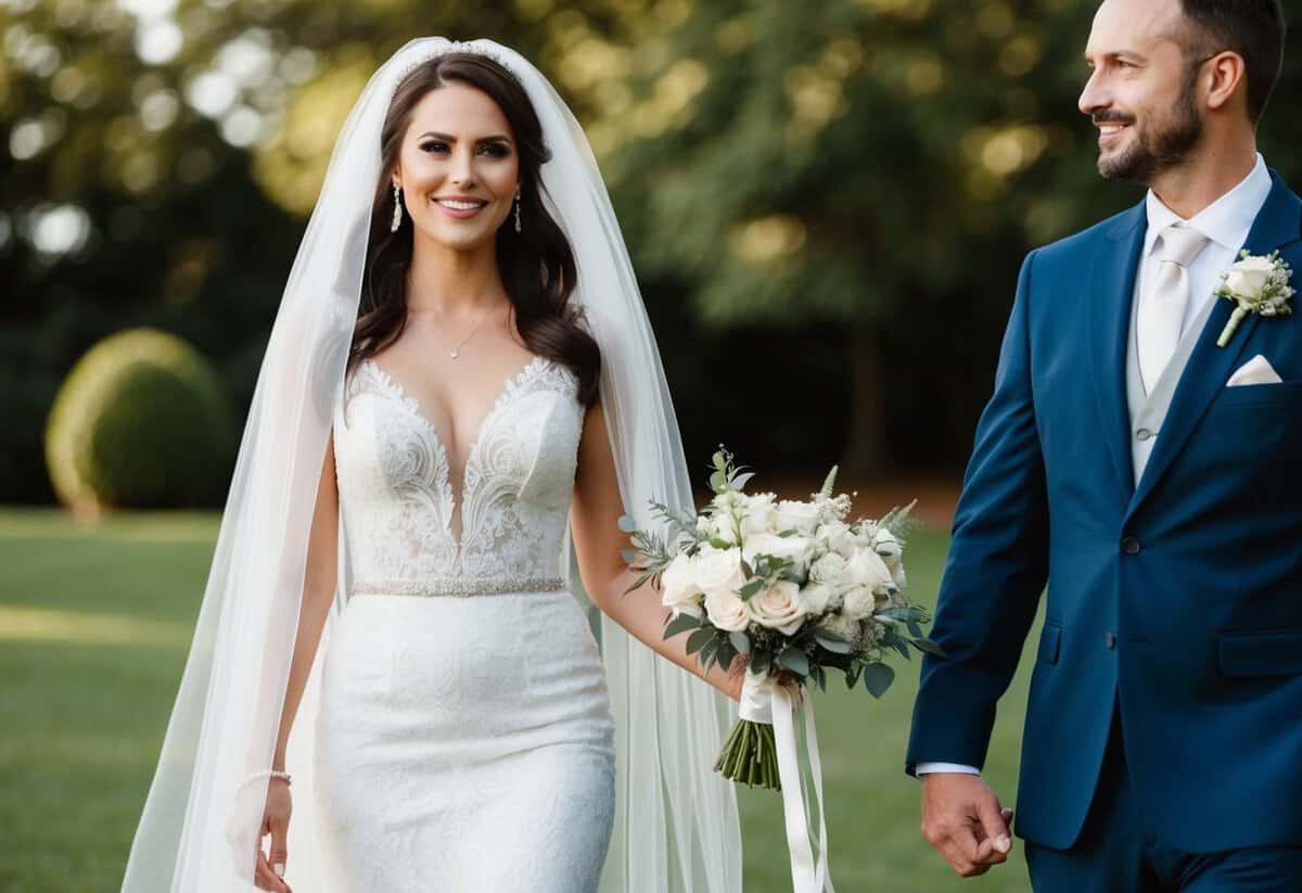 A woman in a long, white dress with a veil, holding a bouquet, standing next to the groom