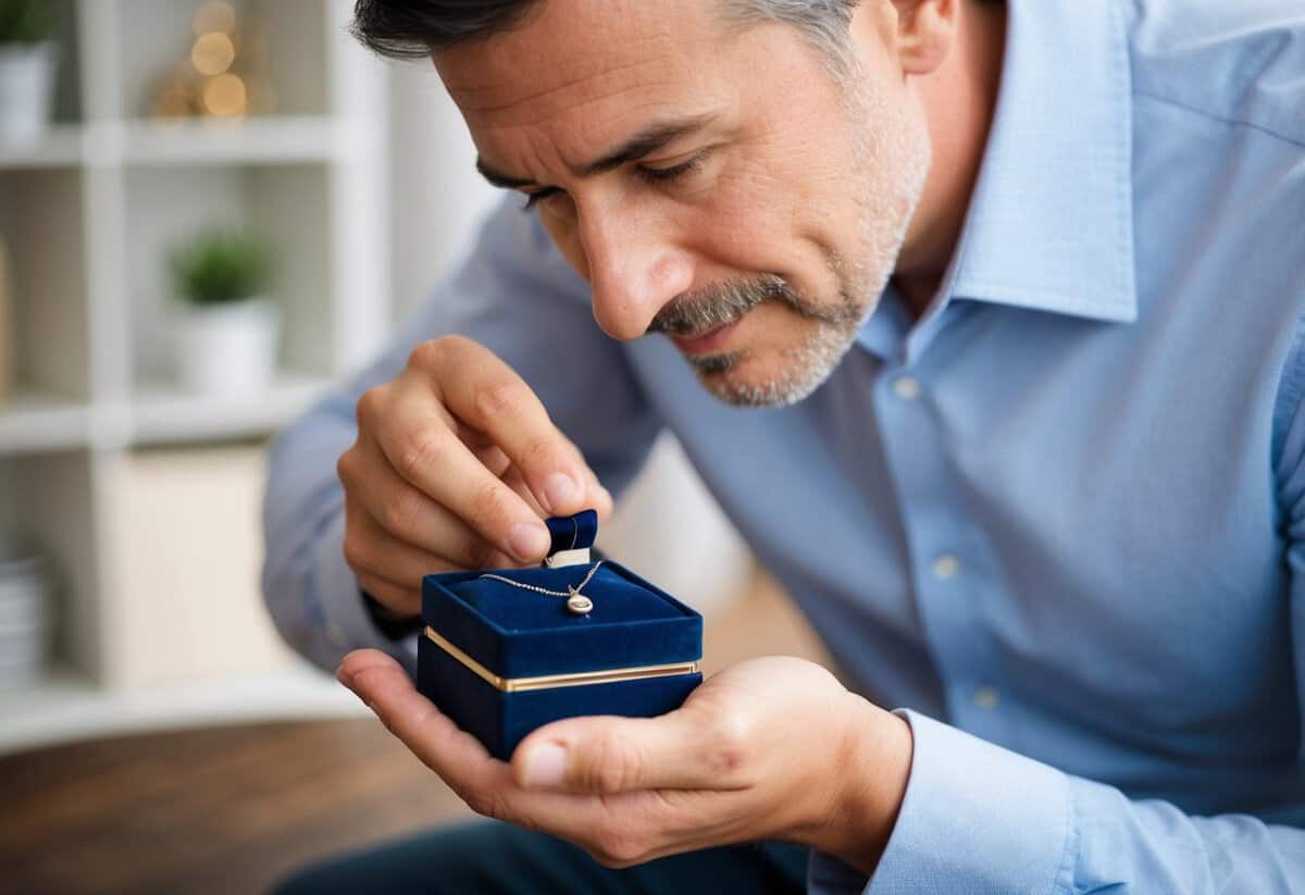 A father placing a delicate necklace into a small jewelry box, with a tear in his eye
