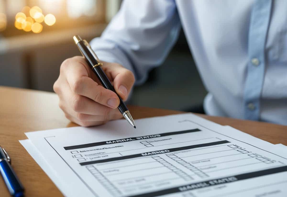 A person filling out a form with checkboxes for different marital statuses, with a highlighted box next to “married” and a pen ready to mark it